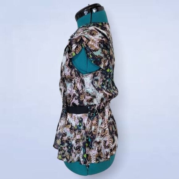 Teenflo Purple Abstract Silk Wrap Blouse with Button Snap Enclosure - Size 6 - Picture 2 of 8